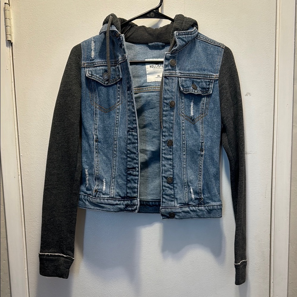 Hollister Denim Distressed Jacket with Gray Sleeves